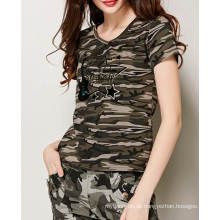 Ladies Fashion Camouflage Muster gedruckt benutzerdefinierte Baumwolle V-Ausschnitt T-Shirt